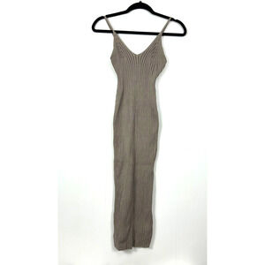 SHEIN Midi Dress Womens Large Tan Taupe Spaghetti Strap V-Neck Ribbed Knit